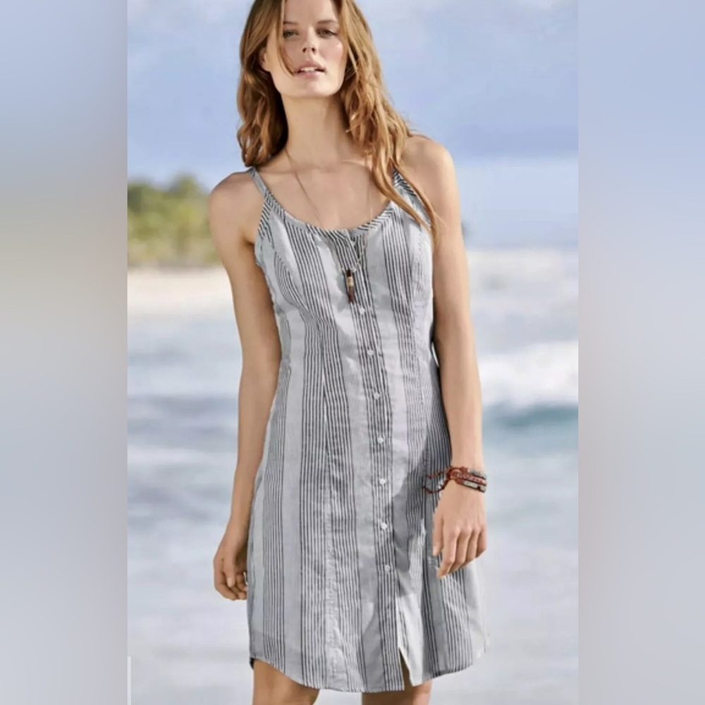 PERUVIAN CONNECTION Kenda Blue Stripe Cotton Button Down Shirt Dress Size 2